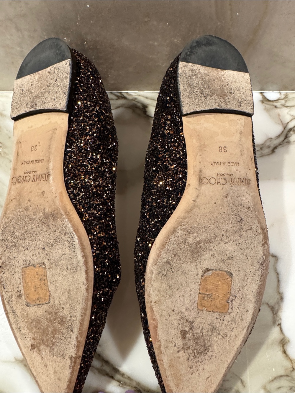 Jimmy Choo Black and Bronze Glitter Pointed-Toe Flats - Picture 5 of 10
